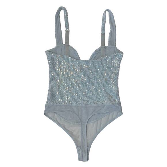 INTIMATELY FREE PEOPLE Sparks Fly Iridescent Light Baby Blue Sequin Bodysuit XS - Picture 6 of 10